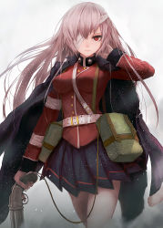 Rule 34 | 1girl, bandage over one eye, belt, belt pouch, black skirt, breasts, closed mouth, cowboy shot, fate/grand order, fate (series), florence nightingale (fate), florence nightingale (third ascension) (fate), gloves, gun, hair down, handgun, highres, holding, holding gun, holding weapon, jacket, jacket on shoulders, long hair, long sleeves, looking at viewer, medium breasts, military, military uniform, pistol, pleated skirt, pouch, red eyes, silver hair, skirt, solo, uniform, weapon, white gloves, zen33n