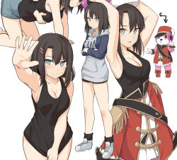 Rule 34 | 10s, 1girl, all fours, aqua eyes, bang dream!, bare shoulders, black hair, black legwear, black shirt, black shorts, bottomless, grabbing another&#039;s breast, breasts, cleavage, collarbone, commentary request, frown, grabbing, grey footwear, grey hoodie, grey shorts, hair ornament, hairclip, hat, hood, hoodie, large breasts, long sleeves, looking at viewer, multiple views, no bra, okusawa misaki, open mouth, red headwear, shirt, shiseki hirame, shoes, shorts, socks, sweat