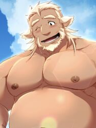 Rule 34 | 1boy, animal ears, bara, belly, blonde hair, blush, facial hair, furry, furry male, goatee, highres, huckle (live a hero), large pectorals, live a hero, male focus, medium hair, mutton chops, nipples, one eye closed, open mouth, pectorals, samoji (beastlover), solo, thick arms, thick eyebrows, topless male, translation request, upper body