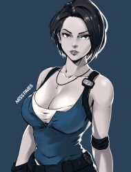 Rule 34 | 1girl, artist name, belt, black hair, blue background, blue shirt, blue theme, breasts, cleavage, forehead, highres, jewelry, jill valentine, lips, looking at viewer, medium breasts, miss faves, parted lips, pendant, resident evil, resident evil 3, resident evil 3: nemesis, resident evil 3 (remake), shirt, short hair, solo, upper body