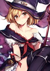 Rule 34 | &lt;:t, 10s, 1girl, :t, bare shoulders, between legs, black thighhighs, blonde hair, blush, breasts, brown eyes, collarbone, djeeta (granblue fantasy), dress, frilled sleeves, frills, frown, gloves, granblue fantasy, hair between eyes, hairband, hand between legs, hand up, hat, highres, knees up, looking at viewer, medium breasts, neckerchief, pleated skirt, puffy short sleeves, puffy sleeves, short hair, short sleeves, simple background, sitting, skirt, solo, staff, thighhighs, warlock (granblue fantasy), watao, white background, white gloves, white skirt, witch hat