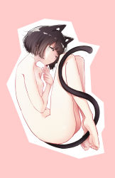 Rule 34 | 1girl, absurdres, animal ear fluff, animal ears, black hair, breasts, cat ears, cat girl, cat tail, closed eyes, completely nude, extra ears, fetal position, highres, lying, medium hair, navel, nipples, nude, on side, original, simple background, sleeping, small breasts, soles, solo, tail, yxmczk