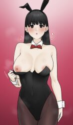 Rule 34 | 1girl, absurdres, animal ears, bare shoulders, black eyes, black hair, black pantyhose, blush, bow, bowtie, breasts, covered navel, detached collar, fake animal ears, gradient background, highres, large breasts, leotard, long hair, looking at viewer, nipples, original, pantyhose, parted lips, playboy bunny, rabbit ears, solo, tantanmen72, wrist cuffs