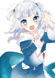 Rule 34 | 1girl, absurdres, blue eyes, blue hair, blue hoodie, blue nails, blunt bangs, blush, chiyomaru (yumichiyo0606), claw pose, fins, fish tail, flat chest, gawr gura, gawr gura (1st costume), grey hair, hair ornament, highres, hololive, hololive english, hood, hoodie, long sleeves, looking at viewer, medium hair, multicolored hair, nail polish, open mouth, shark girl, shark hair ornament, shark tail, sharp teeth, simple background, solo, streaked hair, tail, teeth, two side up, upper teeth only, virtual youtuber, white background, wide sleeves