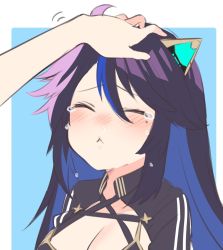 Rule 34 | 1girl, 1other, :&lt;, animal ears, breasts, cleavage, closed eyes, commentary, crying, english commentary, headpat, highres, isuka, kson, kson (swimsuit), large breasts, mole, mole under eye, purple hair, solo focus, souchou, tears, upper body, virtual youtuber, vshojo