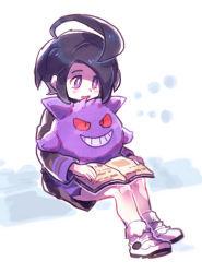 Rule 34 | 1boy, ahoge, allister (pokemon), black hair, blush, book, bright pupils, character doll, chiimako, commentary request, creatures (company), game freak, gen 1 pokemon, gengar, happy, holding, holding book, knees, legs together, long sleeves, looking down, male focus, nintendo, open mouth, pokemon, pokemon (creature), pokemon swsh, purple eyes, reading, shirt, shoes, short hair, shorts, sitting, smile, tongue, white footwear, white pupils
