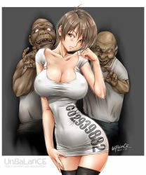 Rule 34 | 10s, 1girl, 2015, 2boys, balding, bare shoulders, black thighhighs, blush, brown eyes, brown hair, character request, contrapposto, covered navel, cowboy shot, curvy, dated, dress, gradient background, grey background, head tilt, missing tooth, multiple boys, narrow waist, old, old man, original, shirt, short dress, simple background, skin tight, standing, t-shirt, tagme, taut clothes, taut dress, thighhighs, ugly man, unbalance, watermark, web address, zettai ryouiki