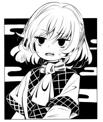 Rule 34 | 1girl, ascot, bags under eyes, commentary request, frown, greyscale, half updo, hanokami, high contrast, highres, jitome, looking at viewer, mizuhashi parsee, monochrome, open mouth, outside border, short hair, short sleeves, solo, sweatdrop, teeth, touhou, upper body