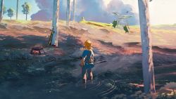 Rule 34 | 1boy, arrow (projectile), belt, belt pouch, blonde hair, blue pants, blue shirt, blurry, boots, brown footwear, campfire, cloud, day, depth of field, flower, grass, highres, holding, holding arrow, knee boots, link, multiple belts, nin0019, nintendo, outdoors, pants, pointy ears, pot, pouch, scenery, shirt, short hair, short ponytail, sky, solo, standing, steam, stream, sword, the legend of zelda, the legend of zelda: breath of the wild, tree, wading, water, weapon, wide shot