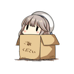 Rule 34 | 1girl, box, cardboard box, dated, grey hair, hat, hatsuzuki 527, in box, in container, kantai collection, long hair, mikura (kancolle), sailor hat, simple background, solid oval eyes, solo, swept bangs, translation request, twitter username, white background, white hat