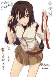 Rule 34 | 10s, 1girl, brown eyes, brown hair, hair down, hair ribbon, ise (kancolle), kantai collection, lowres, skirt, translation request
