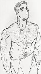 Rule 34 | 1boy, abs, arm hair, bara, chest hair, cowboy shot, dickfish (fishismdick), dog tags, hairy, highres, john rottweil (dickfish), large pectorals, looking up, male focus, mature male, muscular, muscular male, navel, navel hair, nipples, original, pectorals, scan, short hair, sideburns, sketch, solo, stomach, thick eyebrows, topless male, towel around waist, traditional media, undercut