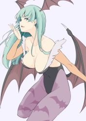 Rule 34 | 1girl, animal print, bare shoulders, bat print, bat wings, breasts, capcom, cleavage, clothing cutout, demon girl, elbow gloves, gloves, green eyes, green hair, head wings, heart cutout, kichihachi, large breasts, leotard, long hair, looking at viewer, morrigan aensland, open mouth, pantyhose, print pantyhose, purple pantyhose, simple background, smile, solo, vampire (game), wings