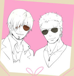 Rule 34 | 2boys, artist name, color background, facial hair, goatee, hair over one eye, male focus, monochrome, multiple boys, one-eyed, one piece, pink background, rany, roronoa zoro, sanji (one piece), smile, sunglasses