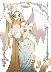 Rule 34 | 1girl, :o, absurdly long hair, angel, angel wings, blue eyes, book, breasts, cleavage, covered erect nipples, dress, halo, hand in own hair, highres, holding, holding book, large breasts, leaning forward, long dress, long hair, meta, open mouth, original, recursion, solo, very long hair, vins-mousseux, white dress, wings