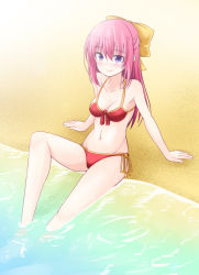 Rule 34 | 1girl, beach, bikini, bow, breasts, cleavage, collarbone, commentary request, hair bow, ichimi, kamikaze (kancolle), kantai collection, long hair, navel, pink hair, purple eyes, red bikini, sand, side-tie bikini bottom, sitting, small breasts, soaking feet, solo, swimsuit, water, yellow bow