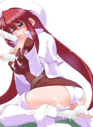 Rule 34 | 1girl, ass, aty, aty (summon night), between breasts, blue eyes, blush, boots, breasts, cleft of venus, food, glasses, kneeling, large breasts, licking, long hair, one eye closed, open mouth, panties, popsicle, pussy, red hair, sexually suggestive, shinama, solo, summon night, summon night 3, sweater, thigh boots, thighhighs, tongue, underwear, white footwear, wince