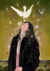 Rule 34 | 1boy, absurdres, animal, beak hold, bird, black coat, black hair, bug, butterfly, coat, facing up, flower, flower in mouth, giving, glowing, highres, insect, long hair, long sleeves, male focus, mouth hold, original, parted hair, petals, pink flower, procreate (medium), red butterfly, rose, sweater, turtleneck, upper body, white flower, white rose, white sweater, yellow background, yzwdhds