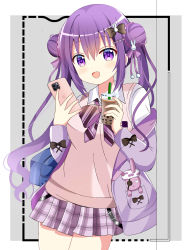 Rule 34 | 1girl, absurdres, bag, bow, breasts, bubble tea, cellphone, collared shirt, commentary request, cup, diagonal-striped bow, disposable cup, dotted line, double bun, drinking straw, gochuumon wa usagi desu ka?, grey background, hair between eyes, hair bun, hands up, highres, holding, holding cup, holding phone, jacket, long hair, long sleeves, medium breasts, off shoulder, open clothes, open jacket, phone, pink skirt, plaid, plaid skirt, pleated skirt, purple eyes, purple hair, purple jacket, ryoutan, school bag, school uniform, shirt, skirt, solo, sweater vest, tedeza rize, twintails, two-tone background, very long hair, white background, white shirt