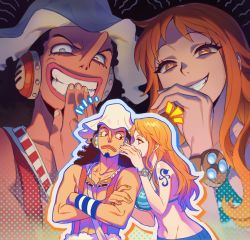 Rule 34 | 1boy, 1girl, arm tattoo, bikini, bikini top only, black hair, crossed arms, earmuffs, evil grin, evil smile, goggles, goggles around neck, grin, hat, highres, log pose, long hair, long nose, looking at viewer, nami (one piece), ojou-sama pose, one piece, orange hair, qin (7833198), shaded face, topless male, smile, swimsuit, tattoo, usopp, whispering