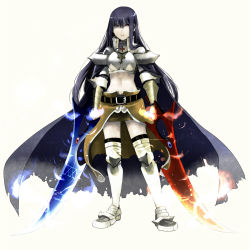 Rule 34 | 1girl, armor, armored boots, black hair, black sclera, black thighhighs, blue cape, boobplate, boots, breastplate, brown cape, brown skirt, cape, closed mouth, colored sclera, commentary request, dual wielding, full body, hair between eyes, holding, holding sword, holding weapon, long hair, looking at viewer, navel, negi mugiya, paladin (ragnarok online), ragnarok online, red eyes, simple background, skirt, solo, sword, thighhighs, waist cape, weapon, white background