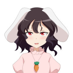 Rule 34 | 1girl, :d, animal ears, black hair, carrot necklace, cato (monocatienus), commentary, floppy ears, highres, inaba tewi, jewelry, looking at viewer, necklace, open mouth, pendant, puffy sleeves, rabbit ears, red eyes, short hair, simple background, smile, solo, touhou, upper body, white background