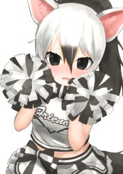 Rule 34 | 1girl, aardwolf (kemono friends), absurdres, animal ears, black eyes, black hair, blush, bow, cheerleader, deku suke, embarrassed, extra ears, furrowed brow, grey hair, hair between eyes, hands up, high ponytail, highres, holding, kemono friends, long hair, looking at viewer, multicolored hair, nose blush, open mouth, pom pom (cheerleading), ponytail, shirt, simple background, skirt, solo, tail, two-tone hair, upper body, white background