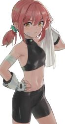 Rule 34 | 1girl, bandaid, bandaid on cheek, bandaid on face, bare shoulders, bike shorts, breasts, closed mouth, collarbone, commentary, fingerless gloves, gloves, hair between eyes, hair ornament, hand on own hip, highres, holding, holding towel, looking at viewer, midriff, navel, original, rang go, red hair, short hair, simple background, small breasts, solo, sweat, symbol-only commentary, towel, white background, white gloves, yellow eyes