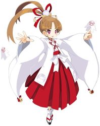 Rule 34 | 1girl, antenna hair, bright pupils, brown hair, disgaea, disgaea rpg, full body, hakama, hakama short skirt, hakama skirt, headdress, holding, japanese clothes, long hair, long sleeves, official art, open mouth, outstretched arms, red eyes, red hakama, sandals, sicily (disgaea), simple background, skirt, solo, spread arms, tabi, white background, white legwear, wide sleeves