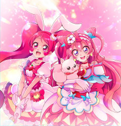 Rule 34 | 2girls, absurdres, cake hair ornament, choker, commentary request, cure precious, cure whip, delicious party precure, earrings, food-themed hair ornament, gloves, hair ornament, highres, jewelry, kirakira precure a la mode, kome-kome (precure), magical girl, mitsuki tayura, multiple girls, open mouth, pink choker, pink eyes, pink hair, pom pom (clothes), pom pom earrings, precure, puffy short sleeves, puffy sleeves, short sleeves, smile, trait connection, twintails, two side up, white gloves