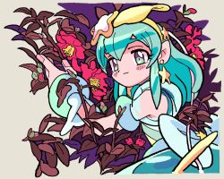 Rule 34 | 1girl, aqua dress, aqua eyes, aqua hair, closed mouth, commentary request, cure milky, dress, earrings, flower, grey background, hagoromo lala, hair between eyes, hair ornament, hairband, hand up, highres, jewelry, leaf, long hair, looking at viewer, magical girl, pink flower, plant, pointy ears, precure, puffy short sleeves, puffy sleeves, see-through, see-through sleeves, short sleeves, smile, solo, sono (samusu gi), star (symbol), star earrings, star hair ornament, star twinkle precure, yellow hairband