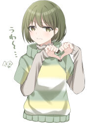 Rule 34 | 1girl, commentary request, green eyes, green hair, hamcheeseand, highres, idolmaster, idolmaster shiny colors, long sleeves, looking at viewer, nanakusa nichika, short hair, sleeves past wrists, solo, sweater, translation request, turtleneck, turtleneck sweater, upper body, white background