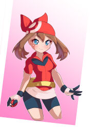 Rule 34 | 1girl, absurdres, bandana, blue eyes, breasts, brown hair, creatures (company), game freak, gloves, highres, holding, holding poke ball, jacket, long hair, looking at viewer, may (pokemon), nin10ja, nintendo, open mouth, poke ball, poke ball (basic), pokemon, pokemon rse, red bandana, red jacket, short sleeves, simple background, small breasts, solo, twintails, upper body, v-shaped eyebrows, white background, white gloves