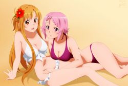 Rule 34 | 2girls, absurdres, asuna (sao), bare arms, bare legs, bare shoulders, belly, blush, breasts, cleavage, hair ornament, happy, highres, large breasts, lisbeth (sao), lisbeth (sao-alo), long hair, looking at viewer, lying, multiple girls, navel, one-piece swimsuit, orange hair, pink eyes, pink hair, red eyes, red one-piece swimsuit, shugo19, smile, swimsuit, sword art online, white one-piece swimsuit