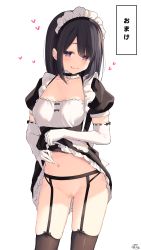 Rule 34 | 1girl, apron, bad id, bad pixiv id, bandaid, bandaid on pussy, black hair, black thighhighs, blush, breasts, clothes lift, collarbone, commentary request, dress, dress lift, elbow gloves, fang, frills, garter belt, garter straps, gloves, hair ornament, heart, heart-shaped pupils, heart in eye, highres, large breasts, lifted by self, long hair, maid, maid apron, maid day, maid headdress, navel, no panties, original, puffy short sleeves, puffy sleeves, ramchi, short sleeves, simple background, skin fang, smile, solo, symbol-shaped pupils, symbol in eye, thighhighs, translation request, white background