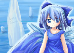 Rule 34 | 1girl, alternate costume, blue dress, blue eyes, blue hair, bow, cirno, collarbone, dress, english text, female focus, hair bow, ice, ice wings, looking at viewer, makino (ukiuo), matching hair/eyes, short hair, sleeveless, sleeveless dress, solo, touhou, water, wings