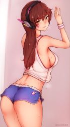 Rule 34 | 1girl, against wall, alternate costume, armpits, bare arms, bare shoulders, bluefield, blush, breasts, brown eyes, brown hair, casual, cowboy shot, crop top, d.va (overwatch), facepaint, facial mark, from behind, hair between eyes, hairband, head tilt, highres, long hair, looking at viewer, medium breasts, midriff, no bra, no panties, overwatch, overwatch 1, parted lips, patreon username, pink lips, short shorts, shorts, simple background, solo, standing, sweat, swept bangs, thighs, whisker markings