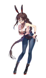 Rule 34 | 1girl, animal ears, bare shoulders, black footwear, black leotard, blush, boots, braid, breasts, brown eyes, brown hair, choker, cleavage, collarbone, commentary request, earrings, fate/grand order, fate (series), full body, glasses, grey pantyhose, highleg, highleg leotard, highres, jewelry, large breasts, leotard, long hair, looking at viewer, multiple earrings, open mouth, pantyhose, playboy bunny, rabbit ears, rabbit tail, ribbed legwear, simple background, solo, striped clothes, striped pantyhose, tail, vertical-striped clothes, vertical-striped pantyhose, very long hair, vivi (eve no hakoniwa), white background, wing collar, yu mei-ren (fate), yu mei-ren (first ascension) (fate)