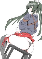 Rule 34 | 1girl, absurdres, ass, blush, chair, commentary request, dark green hair, from behind, green eyes, hair ribbon, hakama, hakama short skirt, hakama skirt, highres, japanese clothes, kantai collection, kimuwaipu, long hair, looking at viewer, looking back, open mouth, panties, red hakama, ribbon, simple background, sitting, skindentation, skirt, solo, string panties, thighhighs, thighs, twintails, underwear, white background, white ribbon, zuikaku (kancolle), zuikaku kai ni (kancolle)