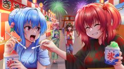 Rule 34 | 4girls, ^ ^, aerial fireworks, alternate costume, anger vein, bandaged arm, bandages, black hair, black kimono, blue hair, blue kimono, bow, closed eyes, closed mouth, commentary, detached sleeves, festival, fireworks, floral print, food, food stand, green kimono, hair bobbles, hair bow, hair ornament, hair tubes, hakurei reimu, highres, hinanawi tenshi, ibaraki kasen, japanese clothes, kimono, long hair, looking at viewer, medium hair, multiple girls, onozuka komachi, open mouth, outdoors, pink hair, red bow, red hair, red kimono, shaved ice, smile, standing, summer festival, tatsu toyoyo, teeth, torii, touhou, two side up, v-shaped eyebrows, wide sleeves, yukata