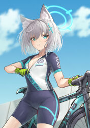 Rule 34 | 1girl, animal ear fluff, animal ears, beruu, bicycle, bike shorts, biker clothes, bikesuit, black shorts, blue archive, blue eyes, blue sky, blurry, bodysuit, breasts, collarbone, commentary request, cross hair ornament, depth of field, gloves, green gloves, grey hair, hair between eyes, hair ornament, halo, highres, looking at viewer, medium breasts, medium hair, mismatched pupils, official alternate costume, outdoors, parted lips, print shirt, shiroko (blue archive), shiroko (cycling) (blue archive), shirt, short shorts, short sleeves, shorts, sidelocks, sky, solo, two-tone gloves, wolf ears, wolf girl, zipper