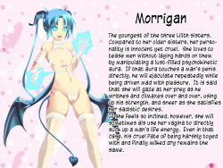 Rule 34 | 1girl, blue eyes, blue hair, breasts, character profile, demon girl, demon tail, demon wings, gloves, glowing, glowing eyes, glowing hands, horns, looking at viewer, matching hair/eyes, mon-musu quest!, mon-musu quest: paradox, morrigan (mon-musu quest!), no pants, open mouth, panties, pointy ears, shiki (psychedelic g2), short hair, small breasts, smile, solo, tail, tattoo, thighhighs, translated, underwear, white panties, white thighhighs, wings