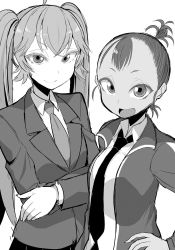 Rule 34 | 2girls, blazer, crossed arms, greyscale, hand on own hip, jacket, ken (koala), long hair, looking at viewer, monochrome, multiple girls, necktie, open mouth, original, school uniform, simple background, twintails, white background