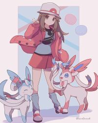 Rule 34 | 1girl, 343rone, absurdres, alternate color, brown eyes, brown hair, buttons, closed mouth, commentary request, creatures (company), eyelashes, game freak, gen 6 pokemon, hair flaps, hands up, hat, highres, jacket, knees, leaf (pokemon), long hair, long sleeves, looking at viewer, loose socks, nintendo, notice lines, open clothes, open jacket, pleated skirt, pokemon, pokemon (creature), pokemon frlg, red skirt, shiny and normal, shiny pokemon, shirt, shoes, sidelocks, skirt, sleeves past wrists, socks, standing, sylveon, twitter username, white footwear