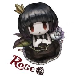 Rule 34 | 1girl, black dress, black hair, character name, crown, dress, flower, full body, kizdollark, leaf, looking at viewer, lowres, mini crown, own hands together, parted lips, plant, red eyes, rose, rose (rose to tasogare no kojou), rose to tasogare no kojou, short hair, simple background, sitting, solo, thorns, vines, wariza, white background, white flower, white rose