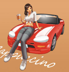 Rule 34 | 1girl, arm support, bangle, blue eyes, bracelet, breasts, brown hair, car, casual, convertible, cup, dark-skinned female, dark skin, disposable cup, front-tie top, full body, jewelry, large breasts, midriff, motor vehicle, pants, polarityplus, pun, shirt, shoes, simple background, sleeves rolled up, smile, sneakers, solo, suzuki, suzuki (company), suzuki cappuccino, tied shirt, vehicle, vehicle focus