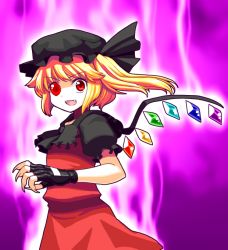 Rule 34 | 1girl, alternate color, bad id, bad pixiv id, blonde hair, crystal, fang, female focus, fingerless gloves, flandre scarlet, gloves, hat, hat ribbon, m.u.g.e.n, mono (moiky), open mouth, puffy sleeves, red eyes, ribbon, short sleeves, side ponytail, solo, touhou, wings