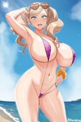 Rule 34 | 1girl, arm up, armpits, beach, blonde hair, blush, breasts, cleavage, handplug, heart, heart-shaped eyewear, highres, huge breasts, large breasts, model pose, nail polish, navel, outdoors, persona, persona 5, scrunchie, slingshot swimsuit, solo, sun, sunglasses, swimsuit, takamaki anne, twintails, wrist scrunchie