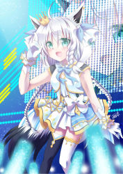 Rule 34 | 1girl, ahoge, animal ear fluff, animal ears, arm up, asahi tooru, black thighhighs, bow, braid, braided ponytail, commentary request, crown, dated, dress, fox ears, fox girl, fox tail, gloves, green eyes, hair between eyes, hair bow, highres, hololive, light stick, long hair, looking at viewer, mini crown, open mouth, shirakami fubuki, shirt, sidelocks, signature, single braid, sleeveless, sleeveless shirt, solo, tail, thighhighs, vest, virtual youtuber, white dress, white gloves, white hair, white thighhighs, white vest