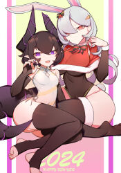 Rule 34 | 2girls, animal ears, black thighhighs, breasts, choumi wuti (xueye fanmang zhong), dragon girl, dragon tail, english text, fake animal ears, grey hair, highres, horns, large breasts, leotard, looking at viewer, multiple girls, open mouth, playboy bunny, purple eyes, rabbit tail, red eyes, small breasts, tail, thighhighs